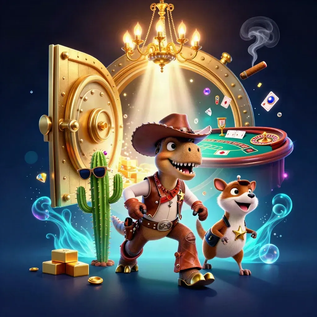 Cowboy T-Rex, cactus sidekick, and sheriff roadrunner in a glowing treasure-vault casino scene.