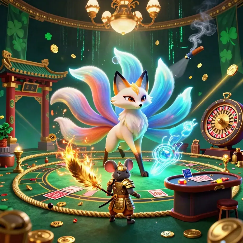 Neon fox spirit and armored mouse in a luxe casino temple with spinning wheel and glowing energy.