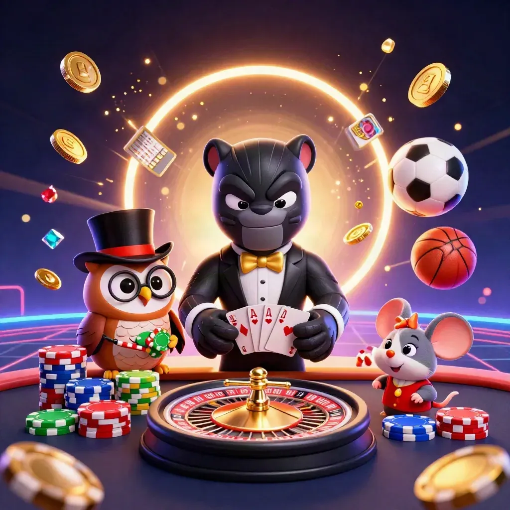 Panther, owl and mouse amid chips, coins, roulette, cards and sports balls in neon casino light.