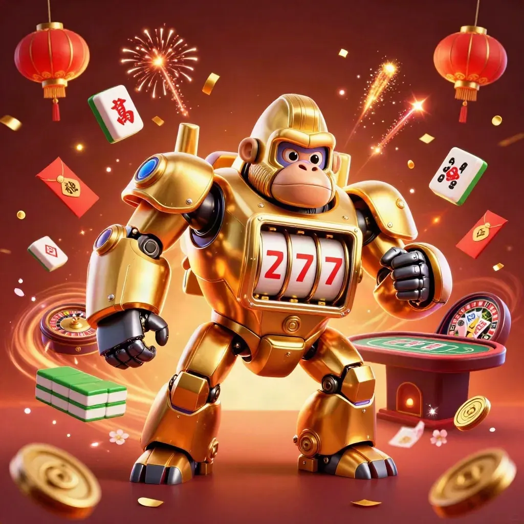 Golden gorilla slot-mech with monkey pilot amid lanterns, coins, fireworks, and casino glow