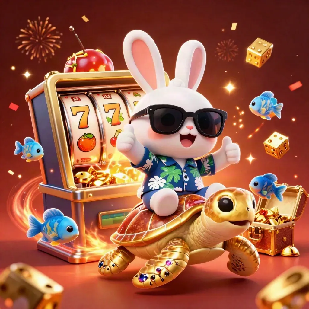 Rabbit on golden turtle amid casino bursts, gold coins, fish, fireworks, and ember glow.