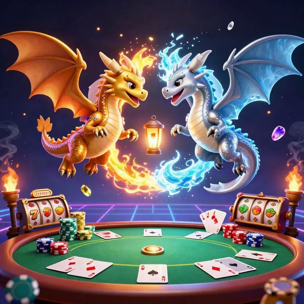 Gold and silver dragons battle in neon casino space with chips, cards, and a tiny lantern spirit