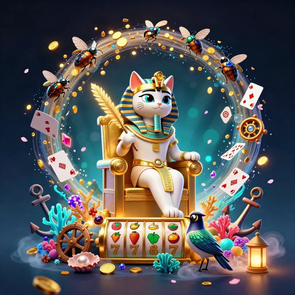 Pharaoh cat, ibis scribe, and gem-winged scarabs amid treasure, coral, cards, and casino symbols.