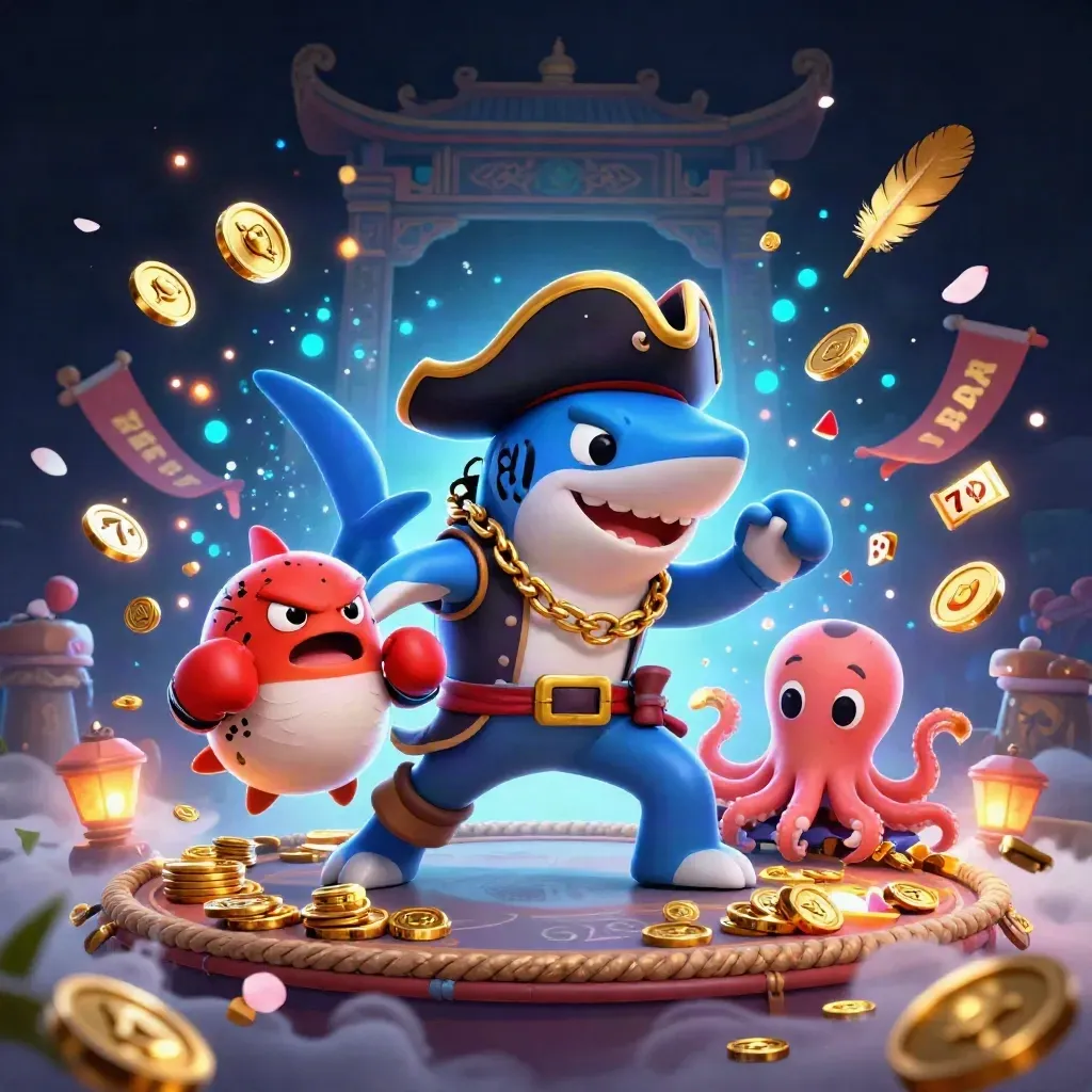 Pirate shark, boxing pufferfish, and coin-juggling octopus erupt from a neon temple ring.