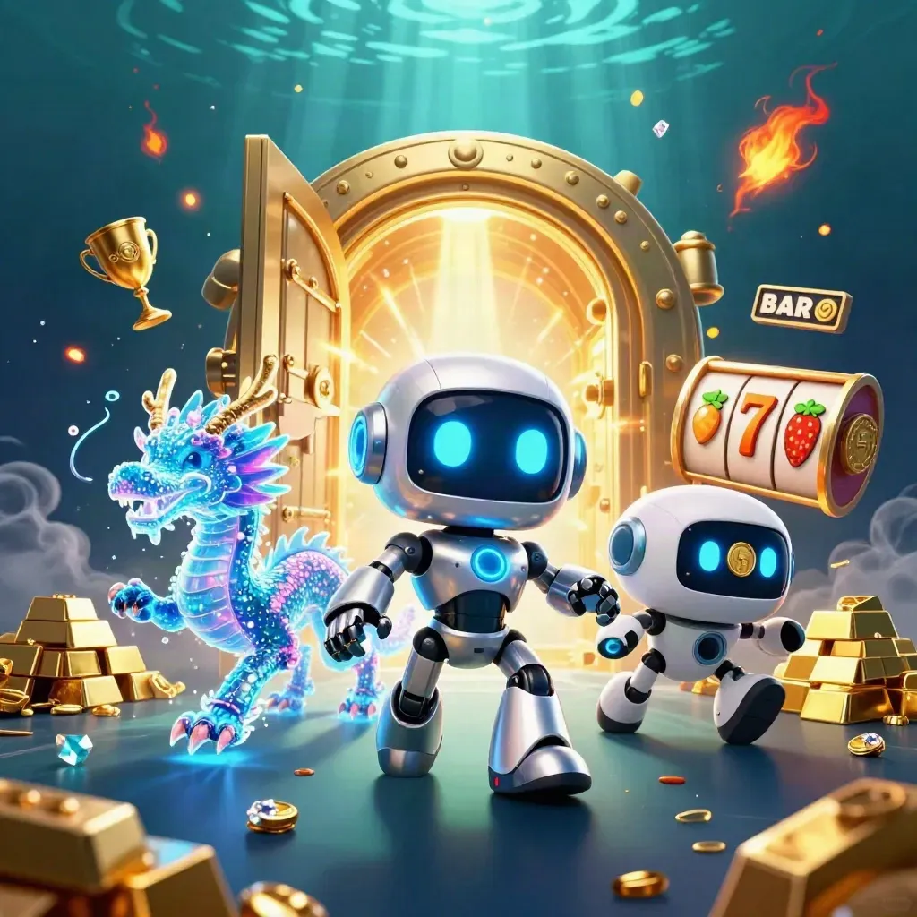 Cyberpunk robot, holographic dragon and coin drone burst from a treasure vault in underwater light.