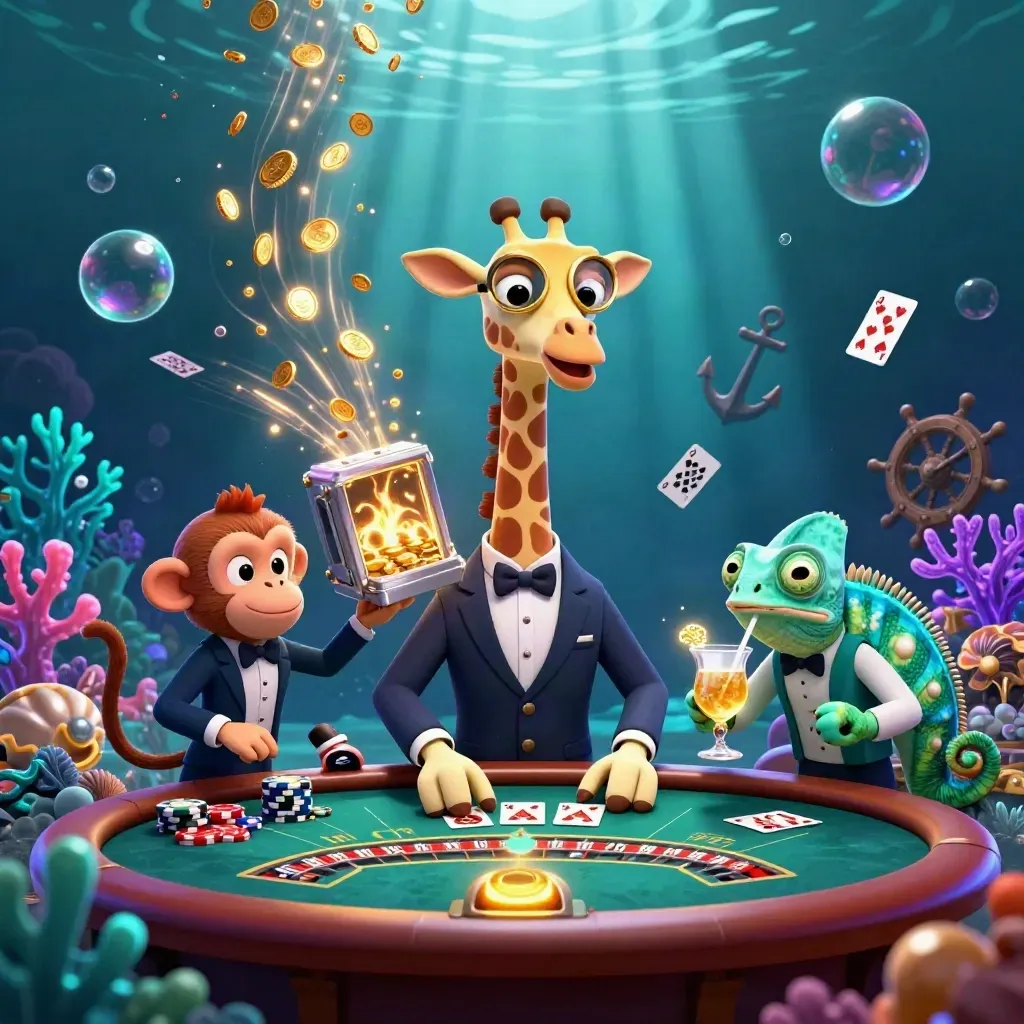 Giraffe, monkey, and chameleon in an underwater casino cove with coins, coral, and cards.