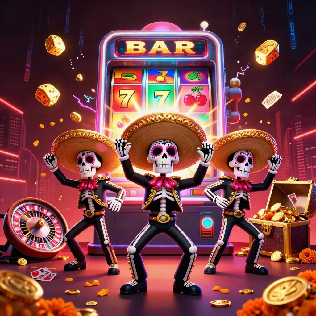 Skeleton mariachi trio amid exploding slots, gold coins, dice, roulette wheel, and casino cards