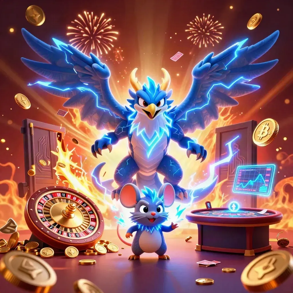 Thunder dragon, hawk, and static mouse amid coins, fireworks, roulette wheel, and casino lights
