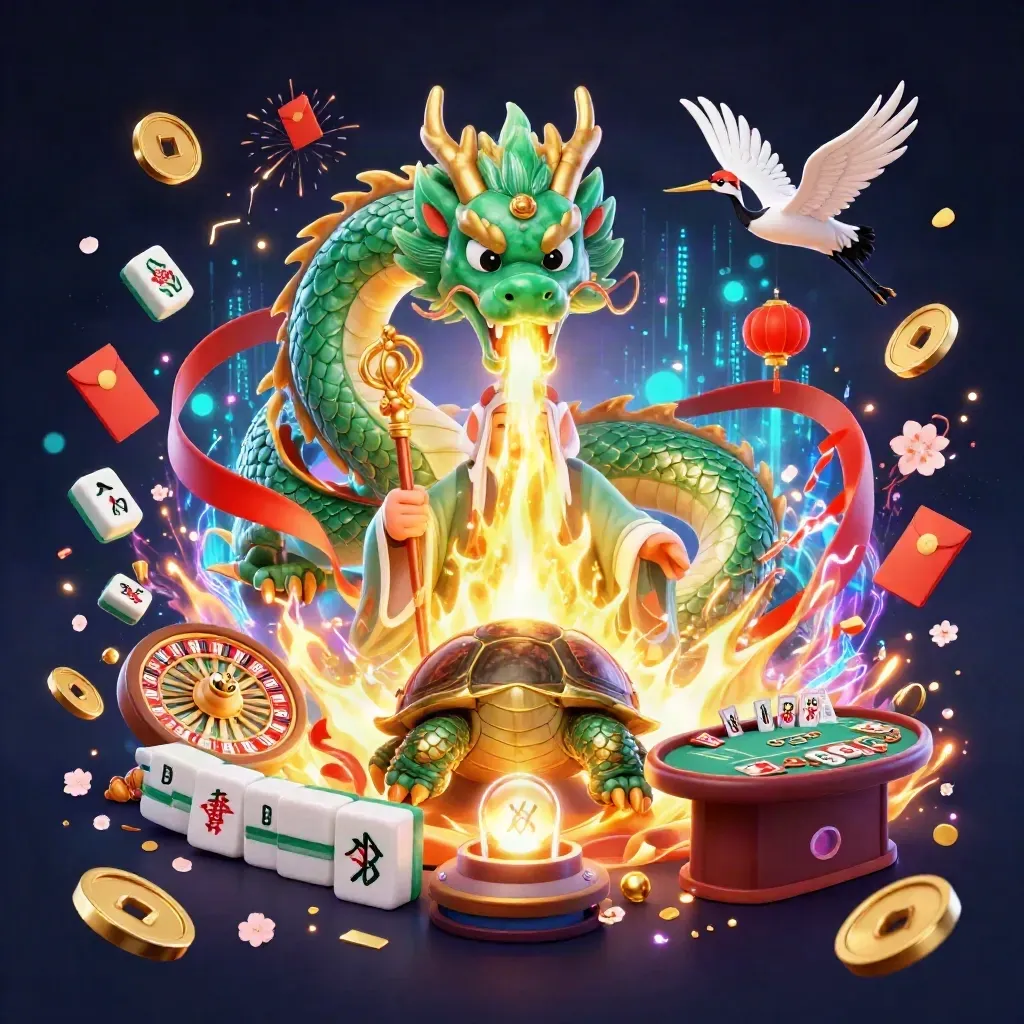 Emerald dragon, turtle sage and cranes amid casino coins, fireworks, lanterns and glowing table cards.