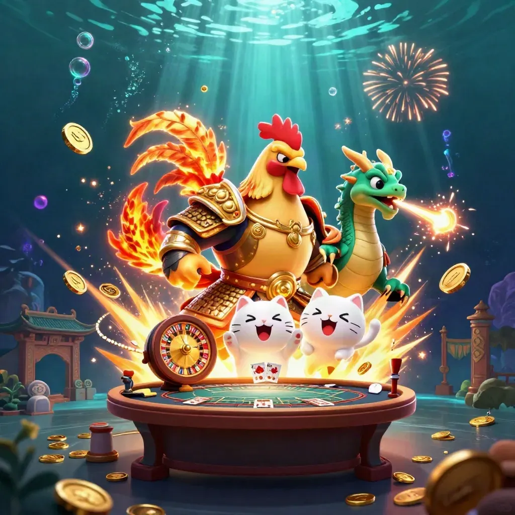 Rooster warrior, dragon hatchling, and fortune cat amid gold coins, fireworks, and casino symbols.