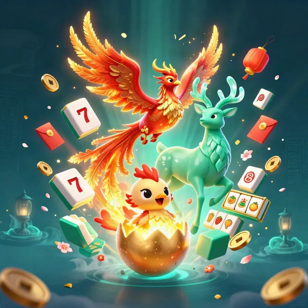 Fire phoenix, hatchling, and crystal stag amid casino symbols on a dark teal glow.