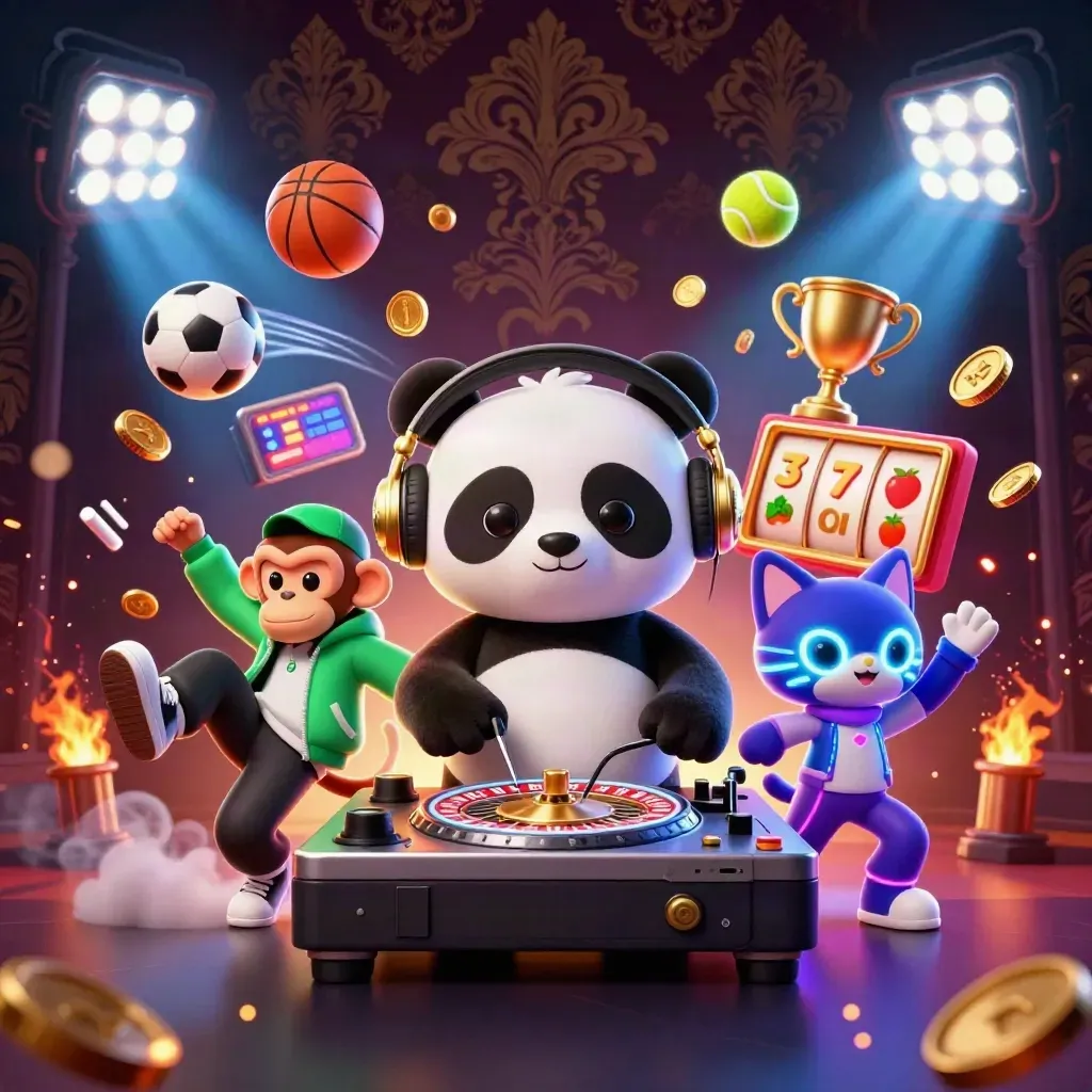 DJ panda, dancing monkey, and rave kitten explode through casino lights, coins, reels, and trophies.
