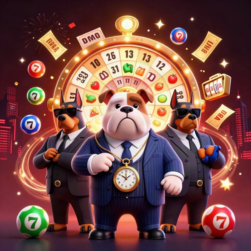 Cartoon mafia bulldog with two Dobermans amid casino wheels, balls, confetti, and glowing gold effects.
