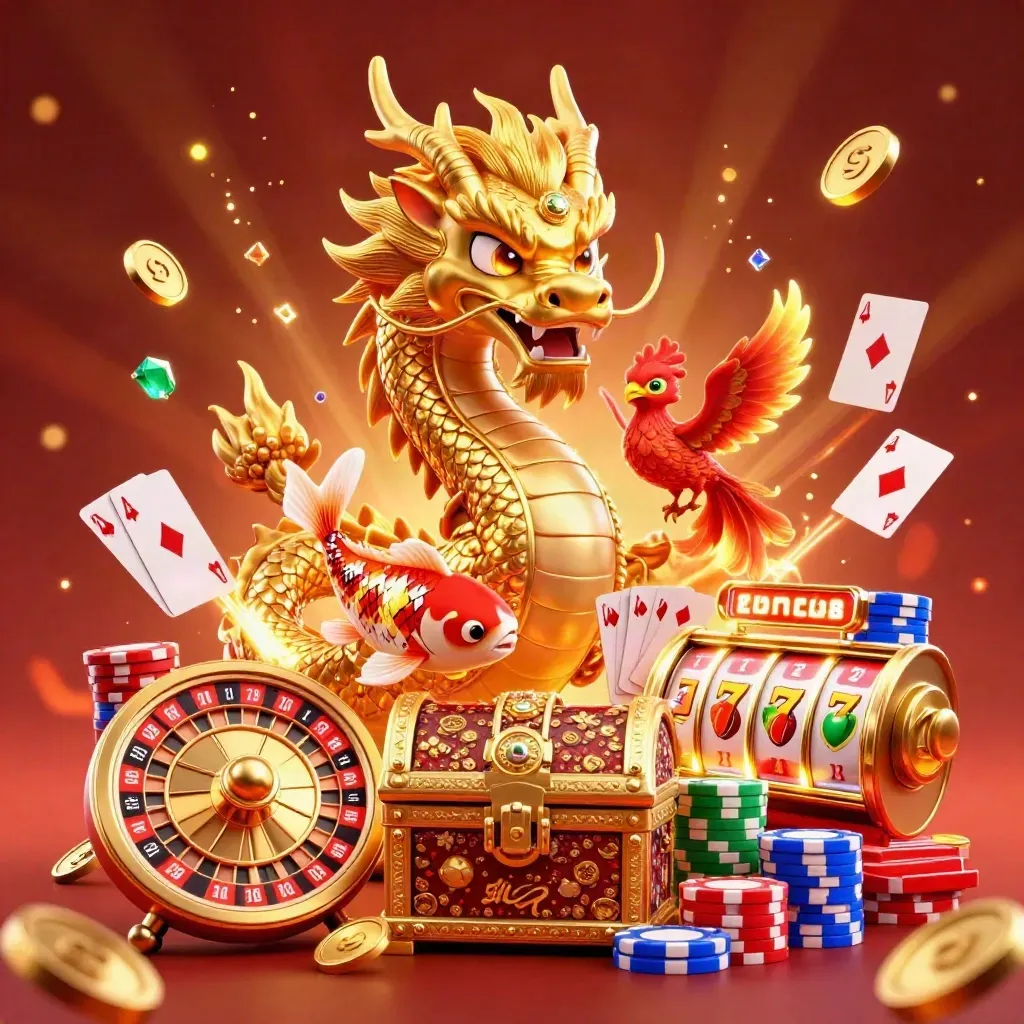 Golden dragon with phoenix, koi, coins, roulette wheel, cards, chips, and glowing casino lights.