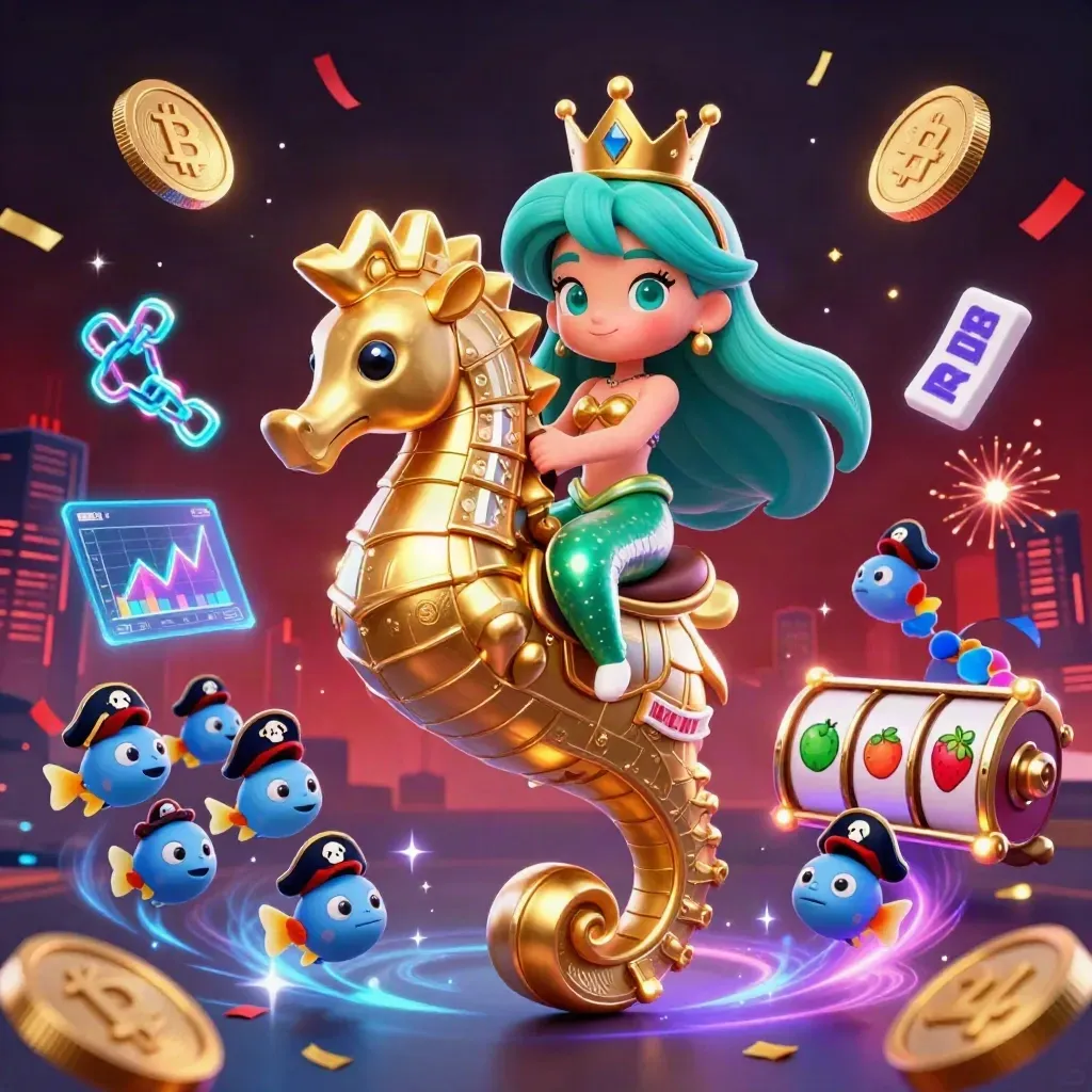 Mermaid princess on armored seahorse with pirate fish, coins, charts and casino effects on dark neon red.