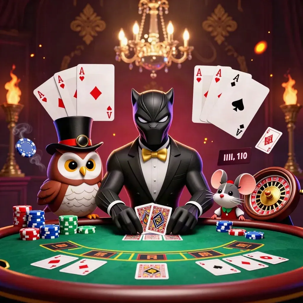 Panther, owl, and mouse in tuxedo amid casino chips, cards, roulette glow, and gold bokeh.