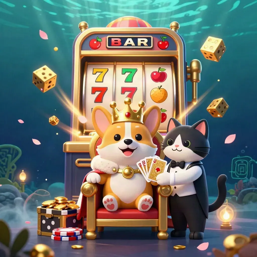 Royal corgi and cat butler amid a bursting slot machine, gold, dice, and underwater neon light