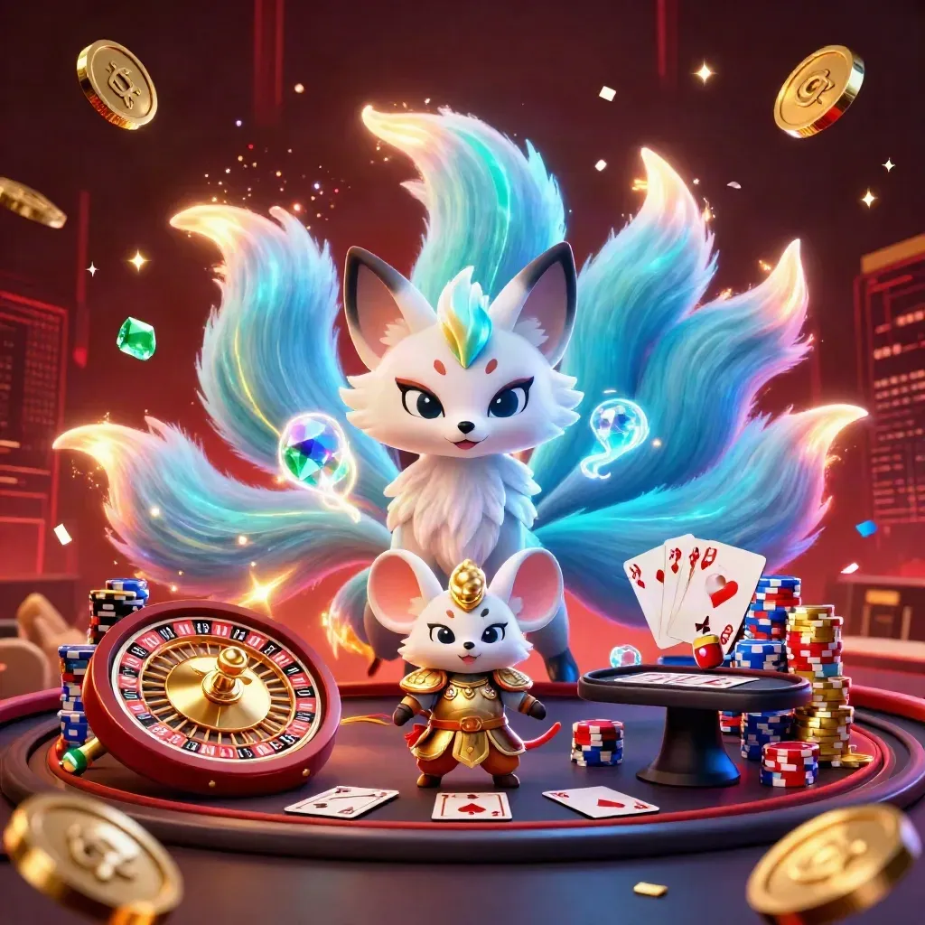 Fox spirit and samurai mouse amid casino coins, cards, chips, and a spinning roulette wheel.
