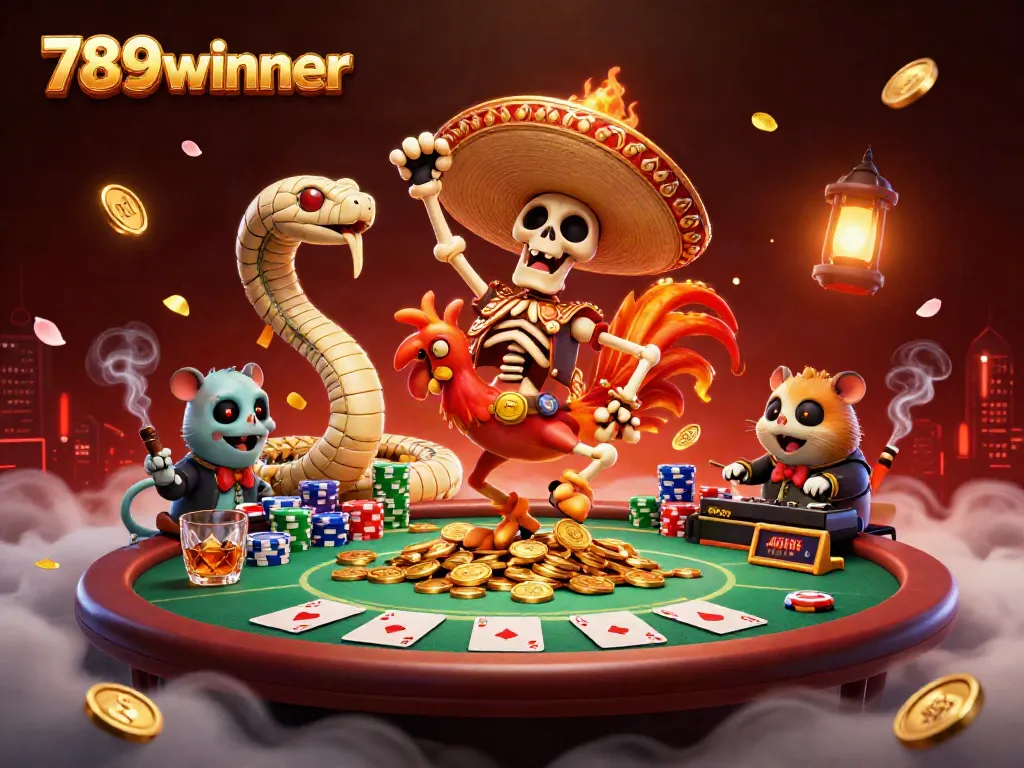 Engage with 789winner's vibrant 3D casino scene showcasing enthusiastic characters celebrating on gold coins.