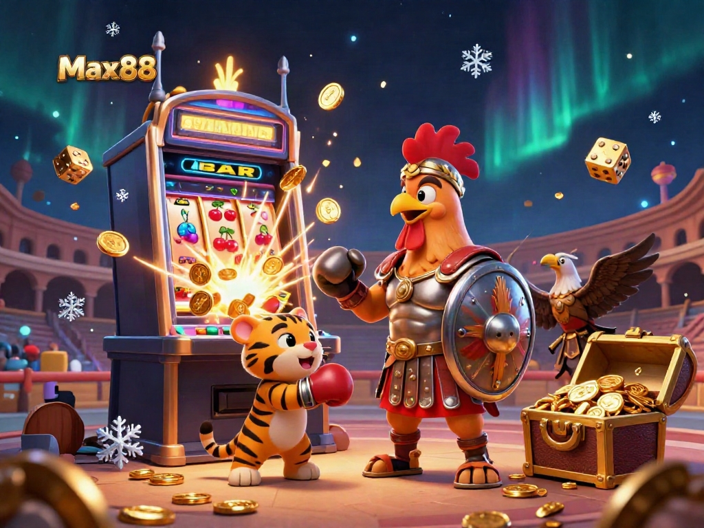Experience the excitement of Max88 with a dynamic 3D illustration showcasing casino elements and gaming thrills.