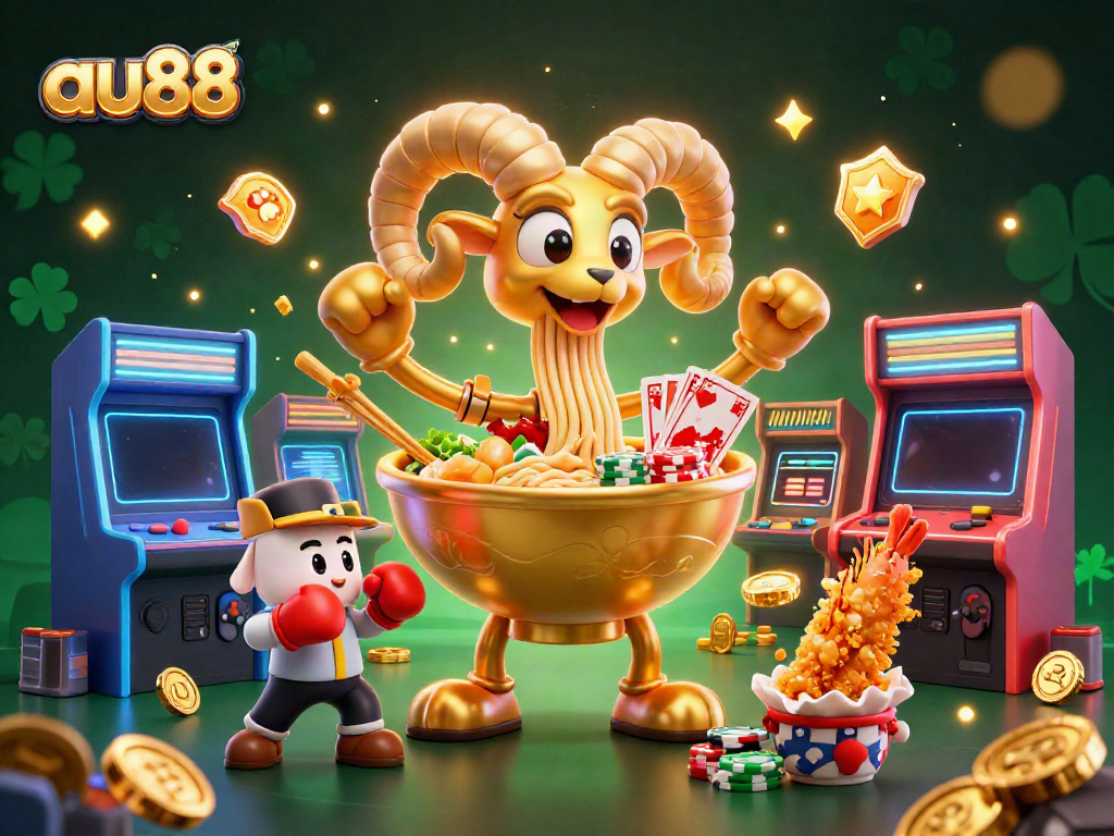 Engage with the dynamic spirit of au88 by seeing a playful ramen bowl dealer stacked with chips surrounded by gaming elements.