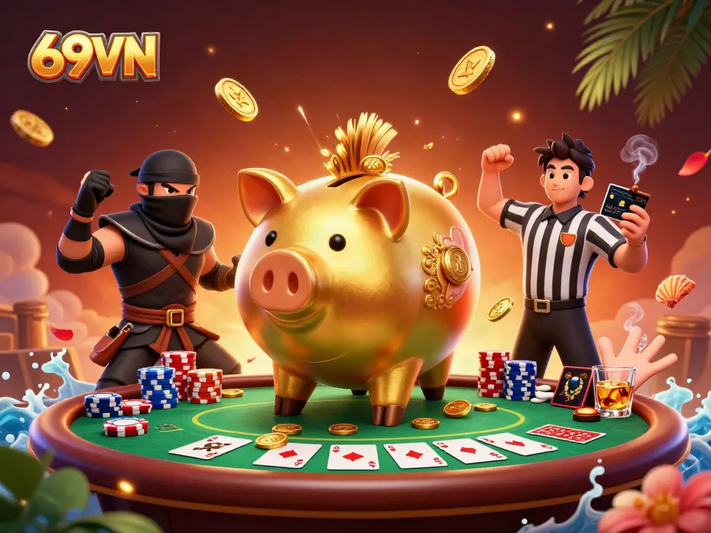 Engage with 69VN's dynamic gaming world featuring a golden piggy bank sumo wrestler and colorful poker elements.