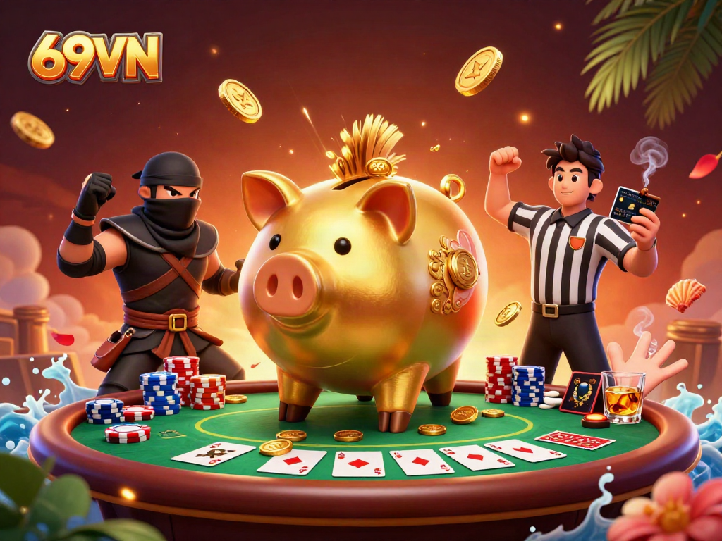 Engage with 69VN's dynamic gaming world featuring a golden piggy bank sumo wrestler and colorful poker elements.