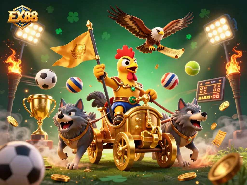 Engage with EX88 gaming excitement featuring a rooster warlord in a casino-themed illustration.