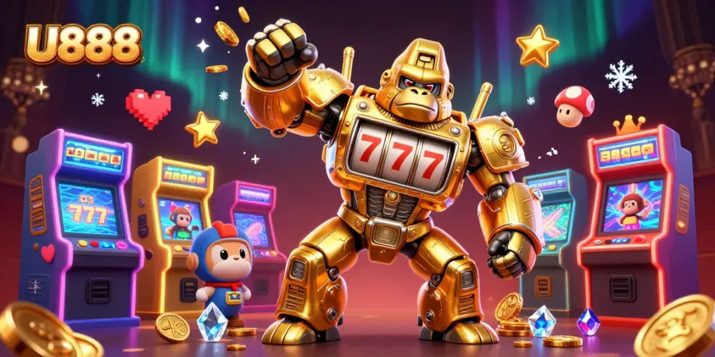 Engage with U888, where a golden gorilla mech bursts forth, surrounded by dynamic casino gaming elements.