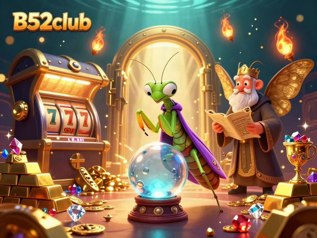 B52club showcases a mystical casino scene with a fortune teller and librarian predicting winning strategies.