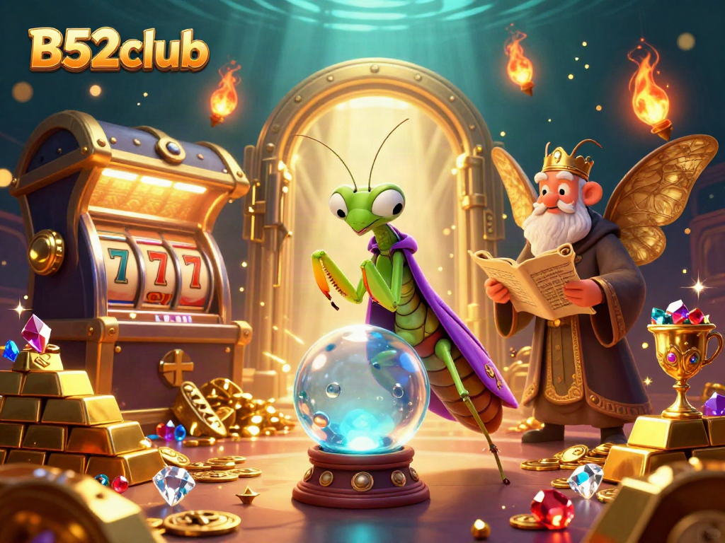 B52club showcases a mystical casino scene with a fortune teller and librarian predicting winning strategies.