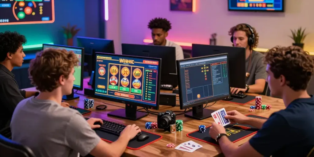 Players engaging in online casino games at home, showcasing the excitement of vin88 gaming.