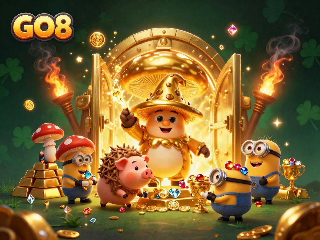 Experience the magic of GO8 with golden treasures and vibrant casino elements in a dynamic 3D scene.