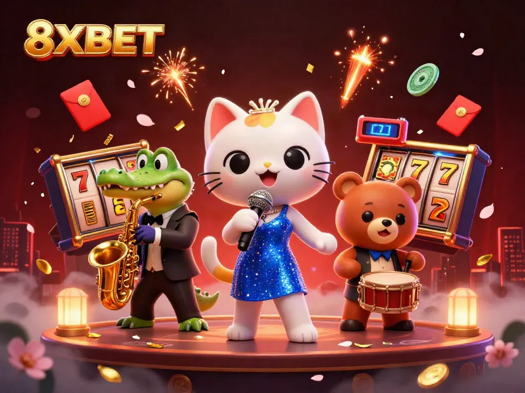 Engage with thrilling slot adventures at 8XBET featuring vibrant characters and dynamic casino elements.