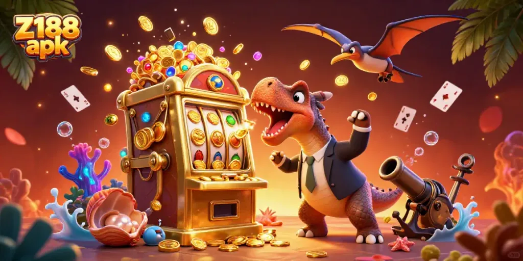 Experience the excitement of Z188 apk with a cartoon dinosaur winning at a slot machine.