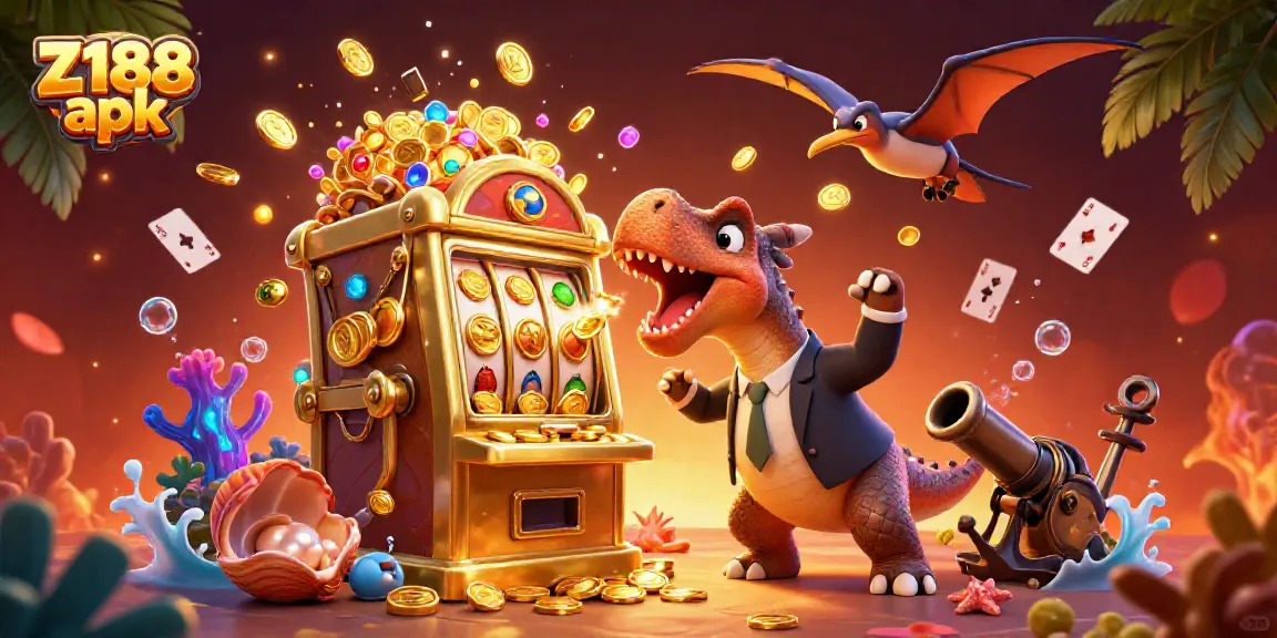Experience the excitement of Z188 apk with a cartoon dinosaur winning at a slot machine.