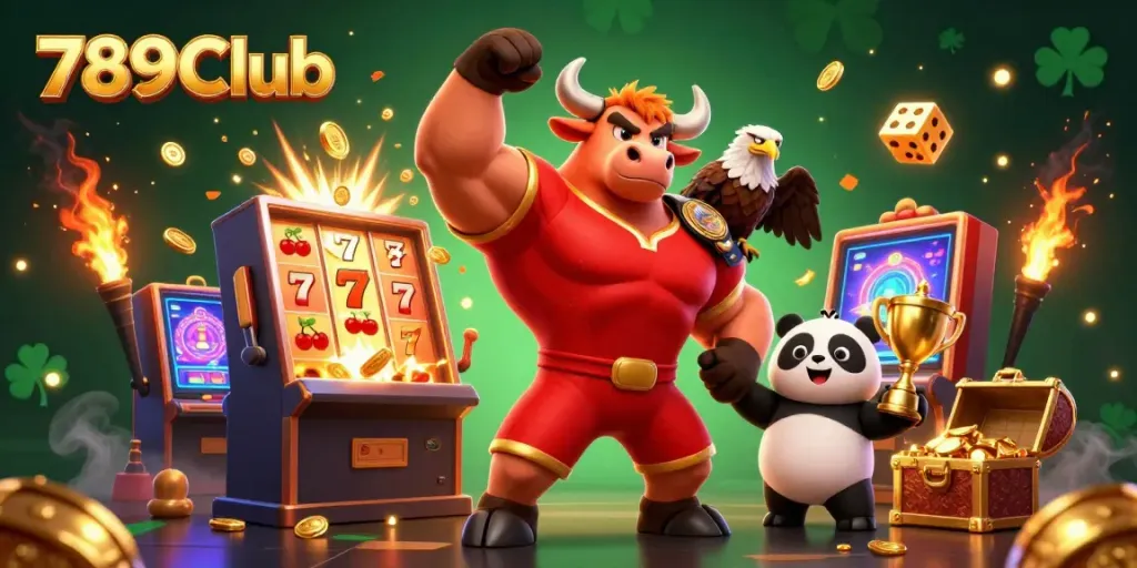 Engage in thrilling gameplay with 789CLub as a bull mascot celebrates jackpot wins in a vibrant casino setting.