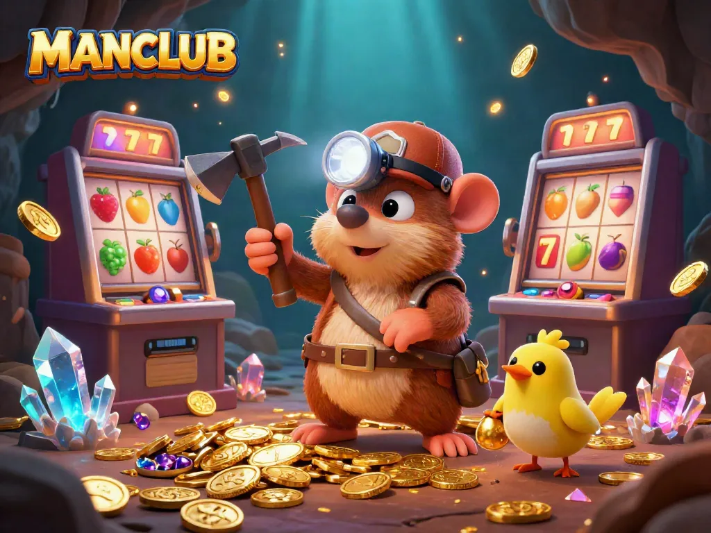 Engaging scene of the MANCLUB cartoon treasure hunter mole mining treasures in a vibrant casino environment with slot machines.