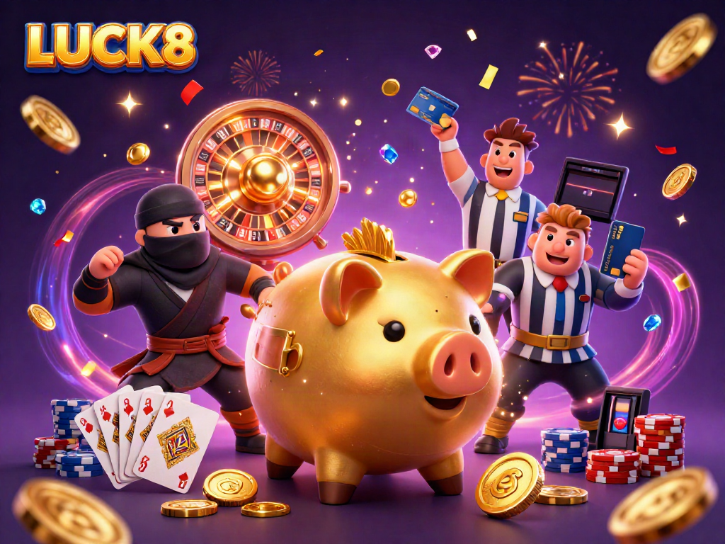 LUCK8 casino scene featuring a golden piggy bank, wallet-ninja, and credit-card samurai surrounded by gold coins.