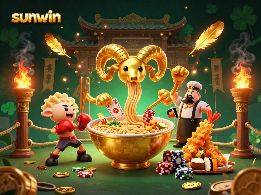 sunwin engages players as a giant ramen bowl dealer amidst vibrant casino elements