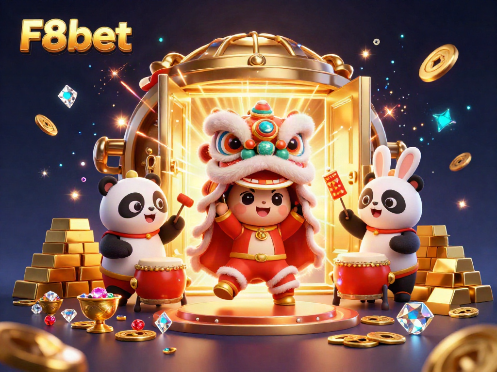 Experience the exciting world of F8bet with a lively digital illustration featuring vibrant characters and casino treasures.