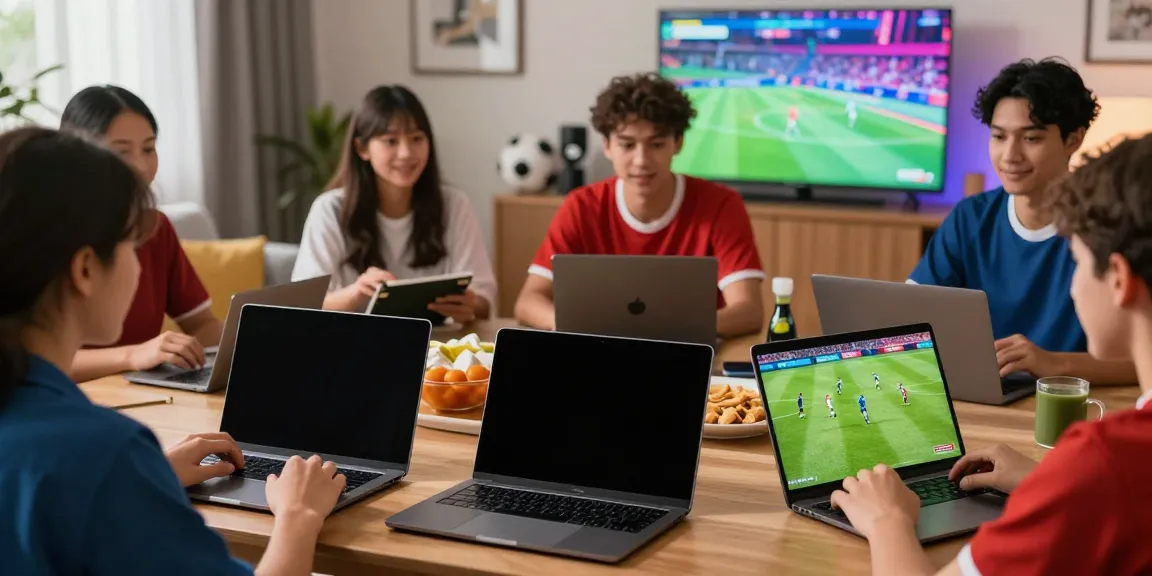 Fans enjoying cakhiatv's live football streaming on different devices in a cozy setting.