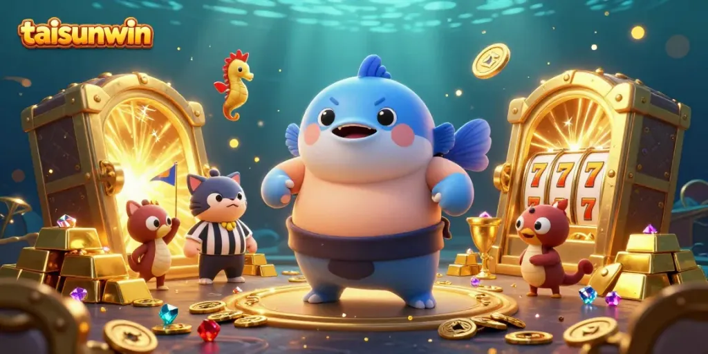 Engage with the whimsical underwater world of taisunwin, featuring a fugu sumo champion surrounded by treasure and excitement.