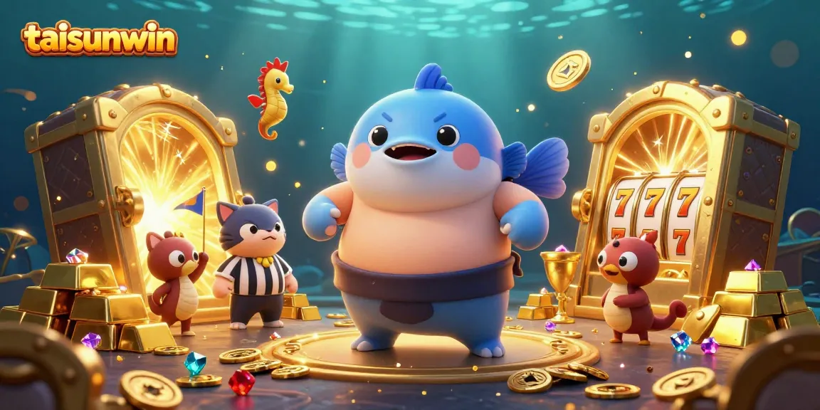 Engage with the whimsical underwater world of taisunwin, featuring a fugu sumo champion surrounded by treasure and excitement.