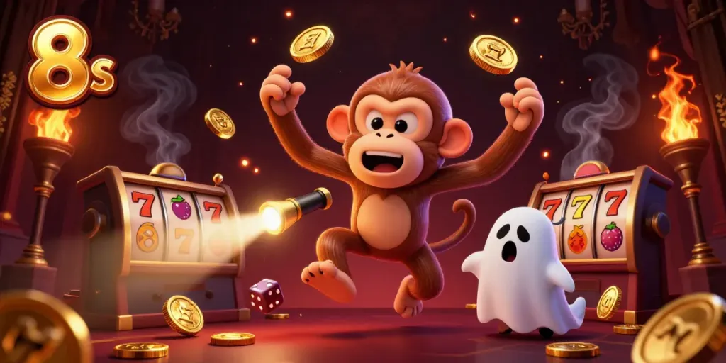Experience the thrill of 8s with a juggler monkey and ghost-hunter puppy in a haunted casino scene.