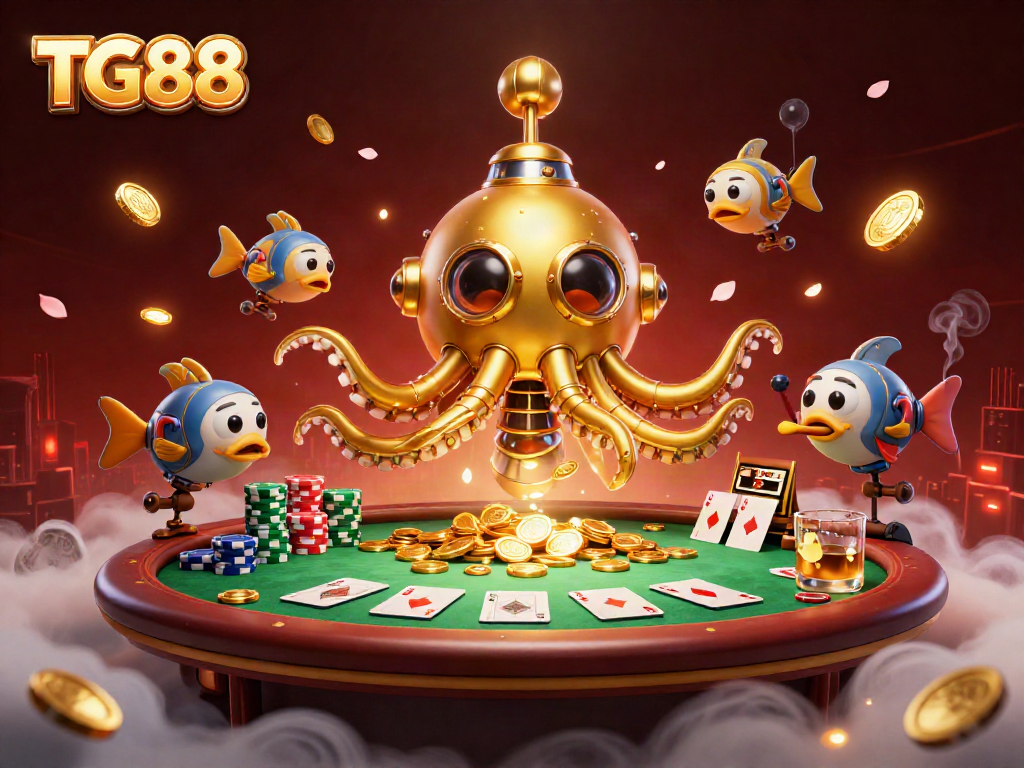 Engage in high-stakes gaming at TG88 with a dynamic casino scene featuring a golden kraken and poker elements.