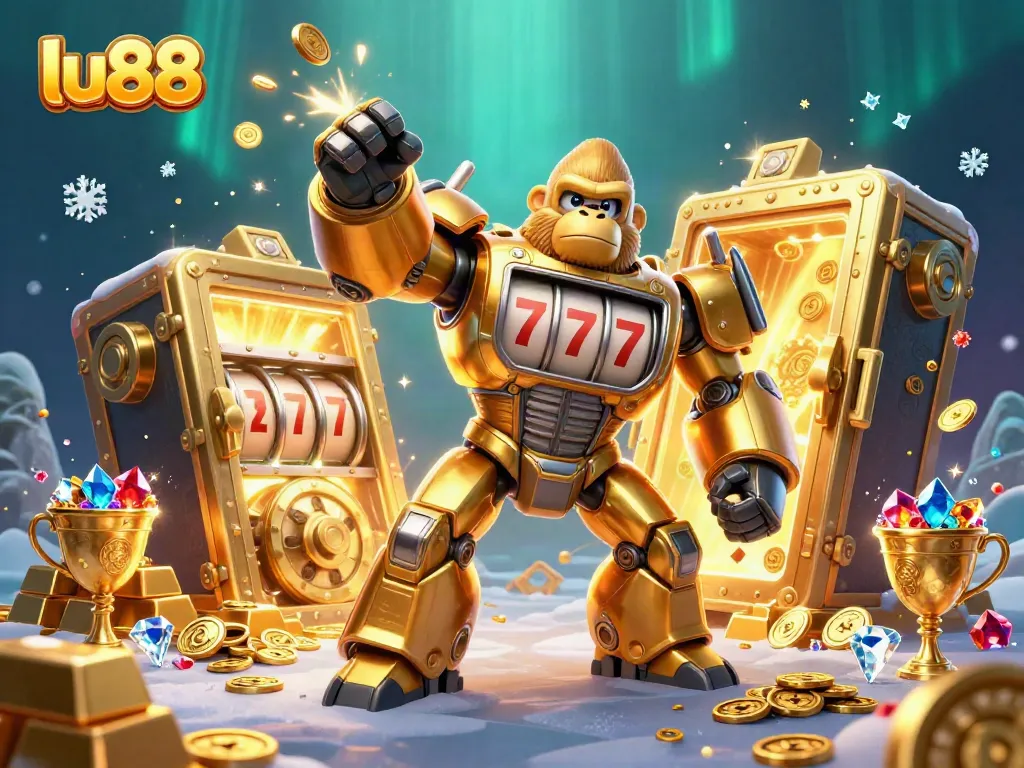 Experience the thrill of lu88 with golden gorilla mech and treasure bursting in this 3D casino illustration.