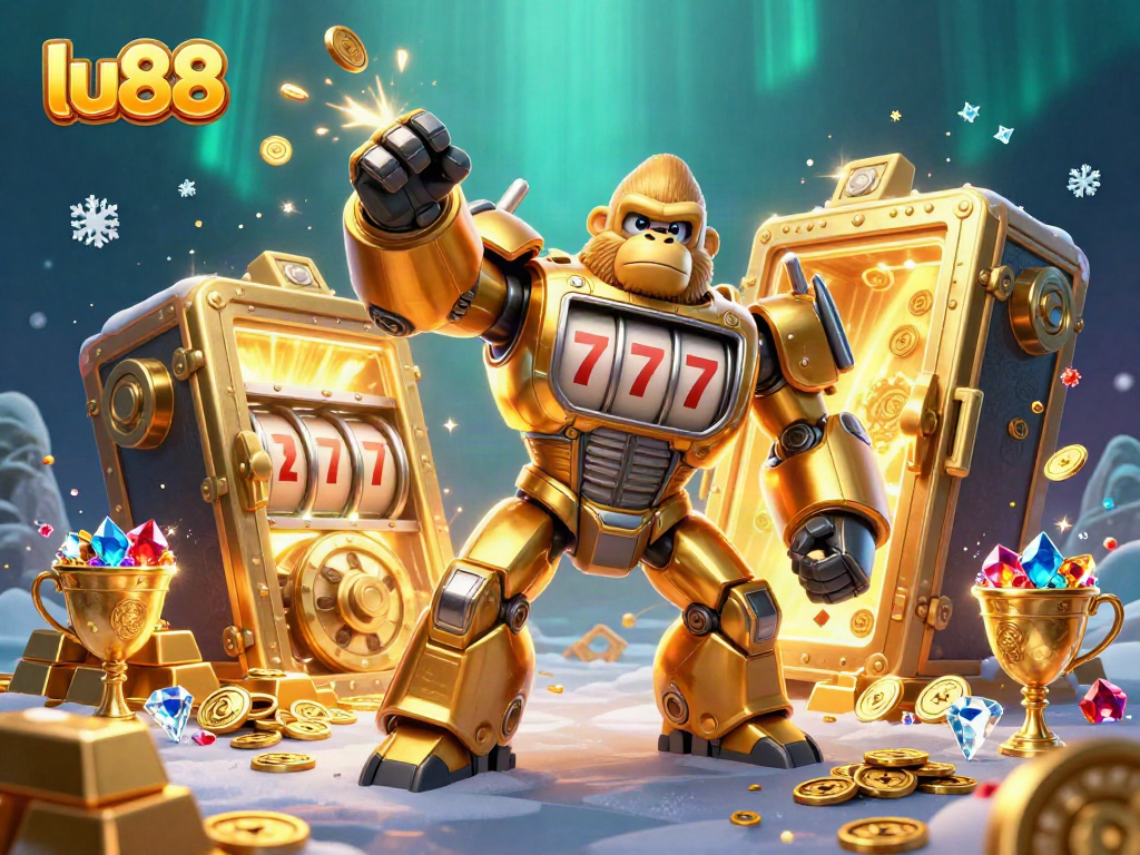 Experience the thrill of lu88 with golden gorilla mech and treasure bursting in this 3D casino illustration.