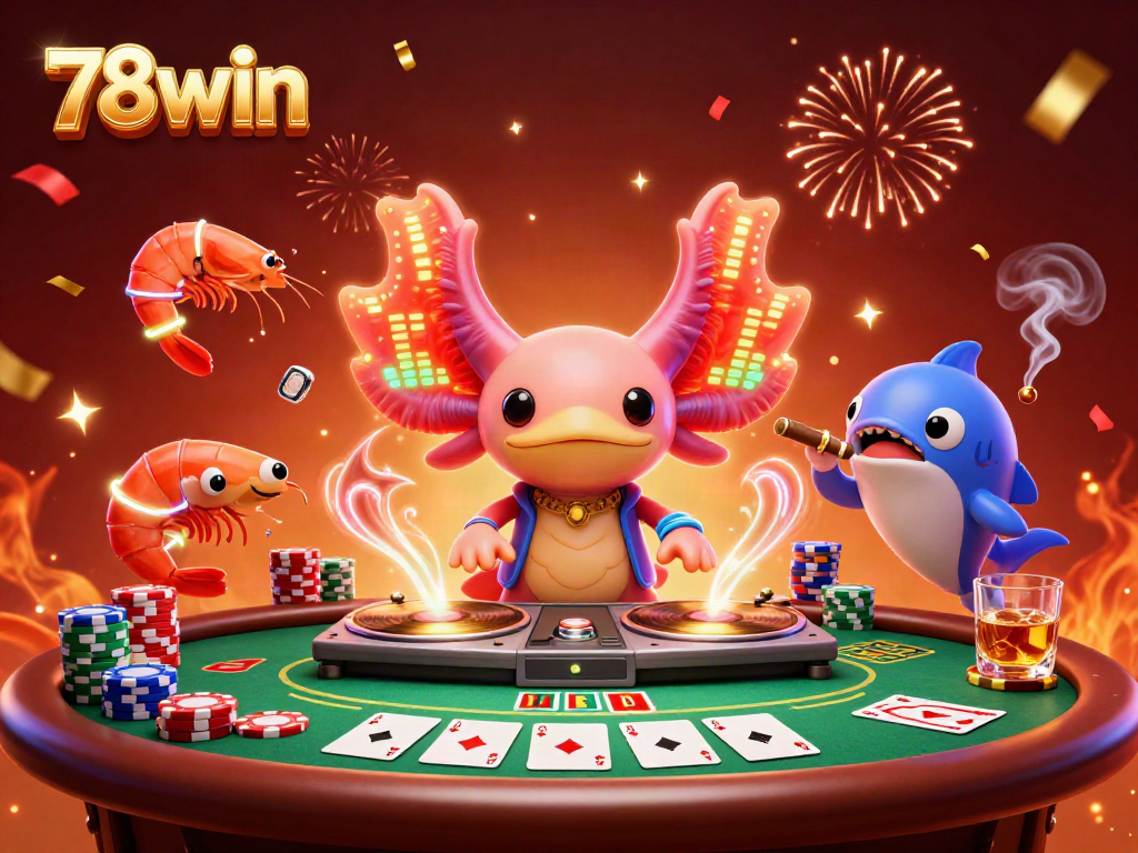 Engage with 78win's vibrant casino scene featuring a DJ axolotl and playful sea creatures.