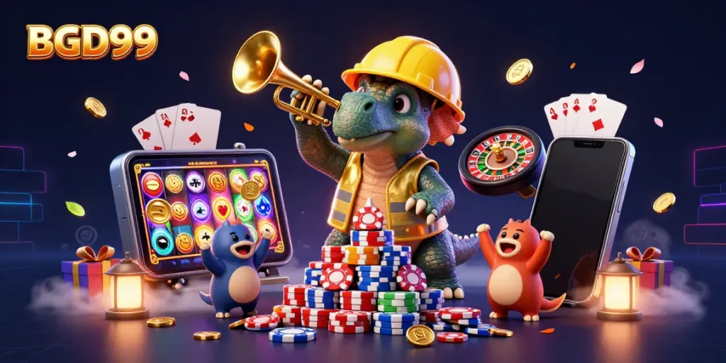 Experience the excitement of BGD99 with playful characters and casino elements in a vibrant scene.